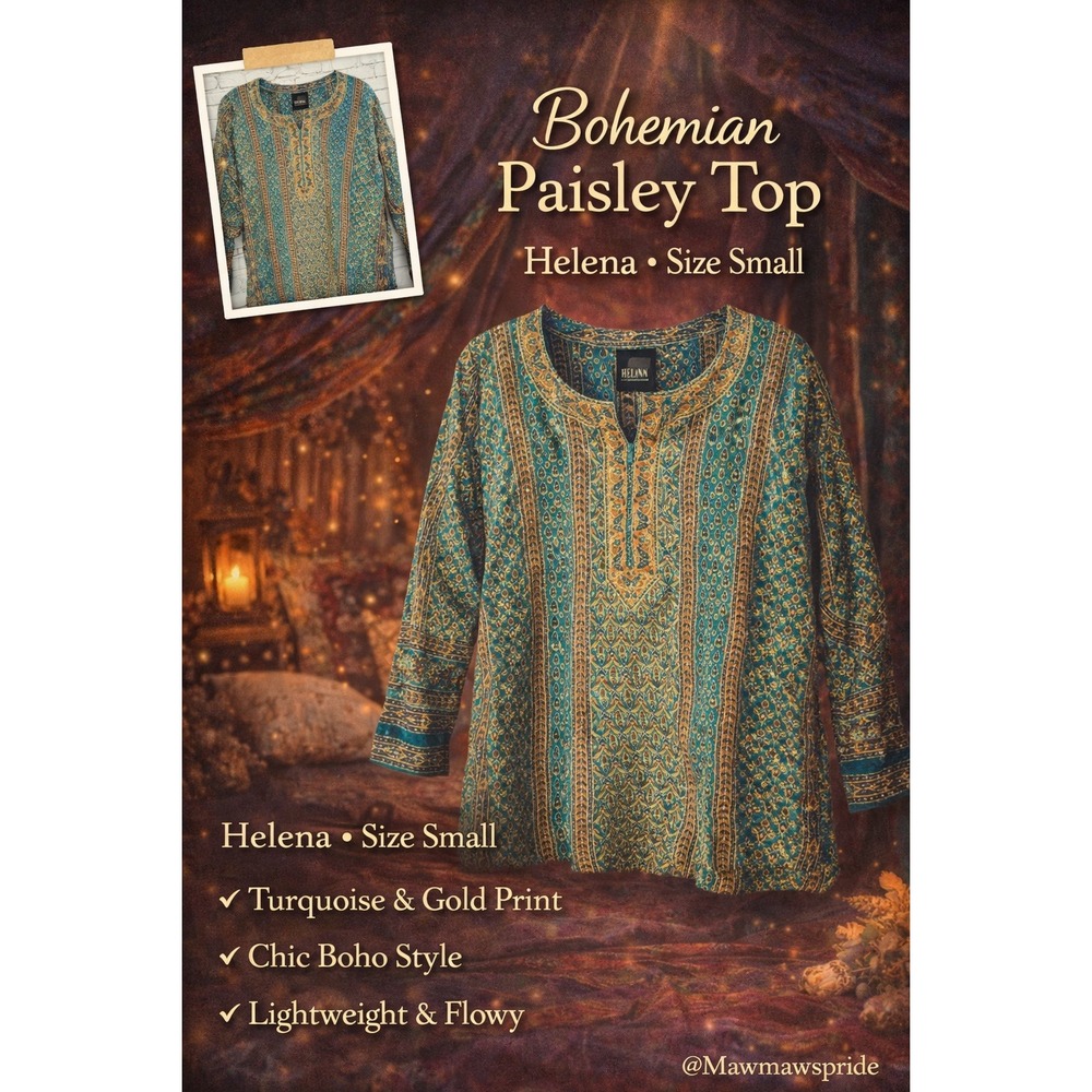 Helena Bohemian Paisley Sequin Tunic Top Turquoise Gold Small Made in India boho